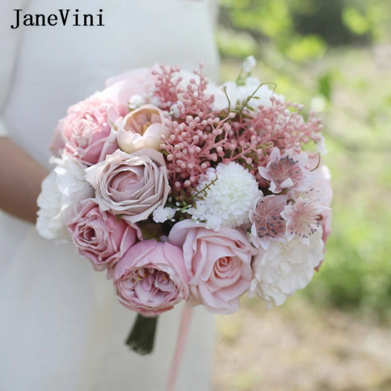 JaneVini New Dusty Pink Flowers Korean Bridal Bouquets Ribbon Handle Artificial Silk Roses Bouquet Wedding Accessories for Bride