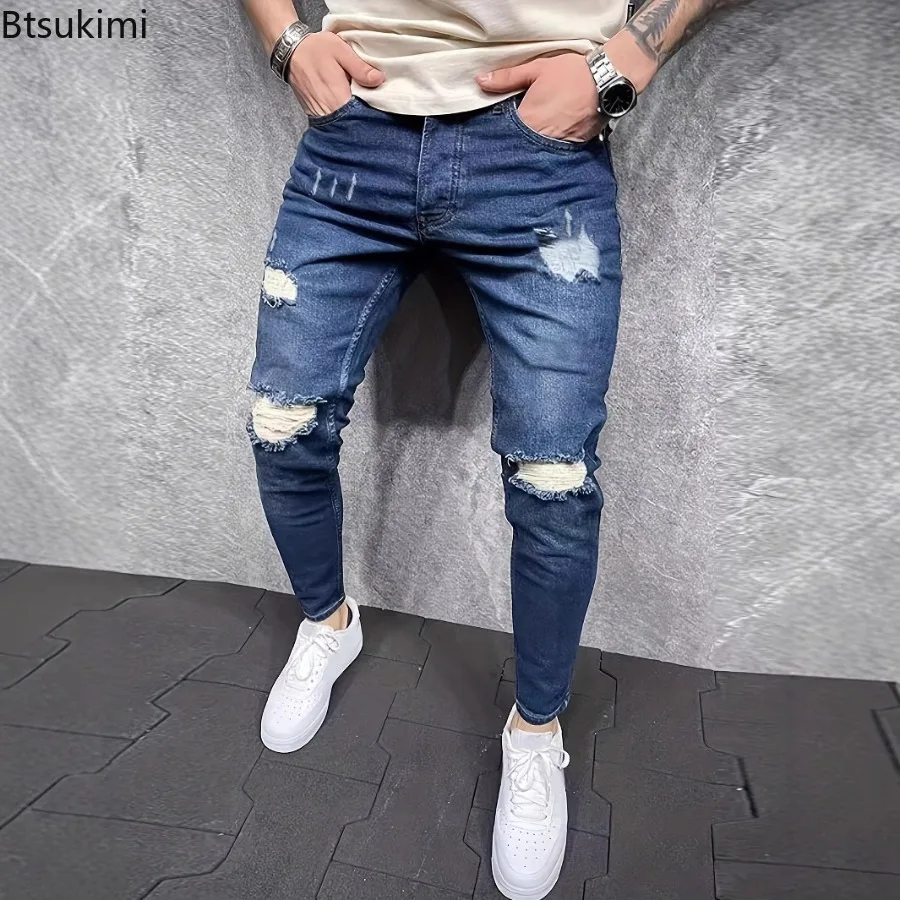 

Мужские модные рваные джинсы скинни в уличном стиле, винтажные потертые однотонные джинсовые брюки, мужские повседневные тонкие джинсовые брюки-карандаш, Лидер продаж