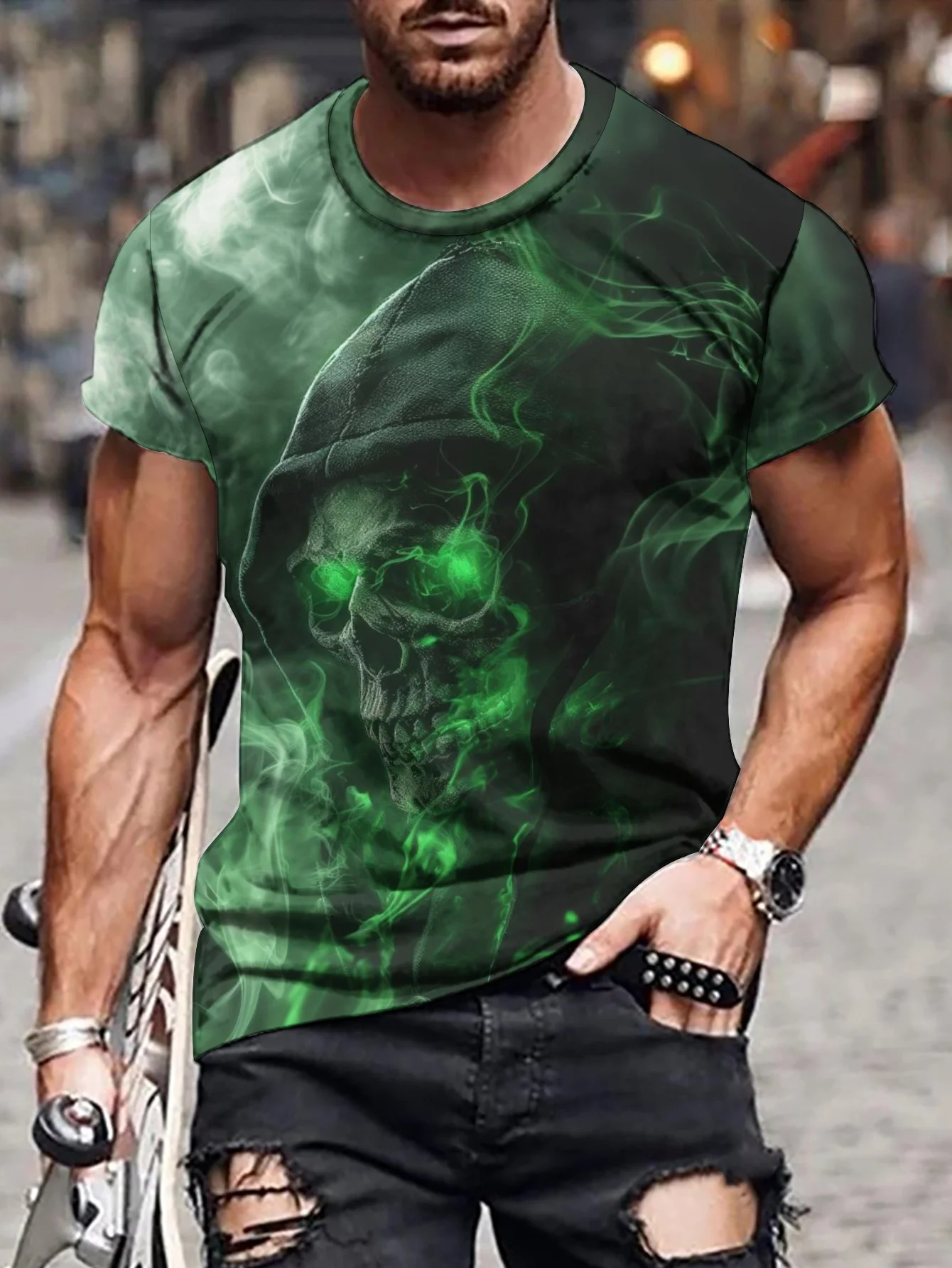 2024 New Men's 3D Graffiti Skull Pattern T-shirt, Casual Cool Micro Elastic Breathable T-shirt, Summer Outdoor Men's Wear