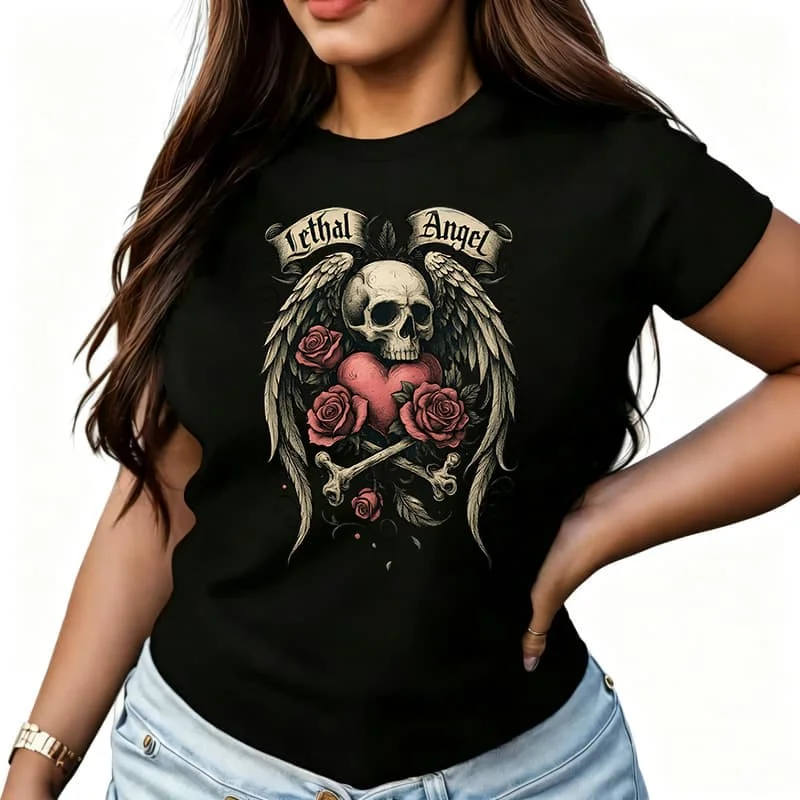 Skull & Floral Graphic Women's T-Shirt 100% Cotton Funny Graphic Short Sleeve Tee Novelty Shirt Casual Crew Neck Top S-5Xl