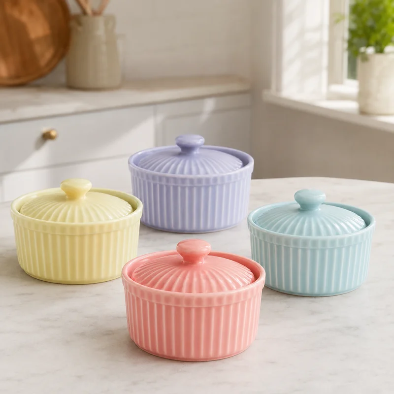 Kitchen Baking Dishes - Mangkuk Ramekin Keramik dengan Tutup, Aman