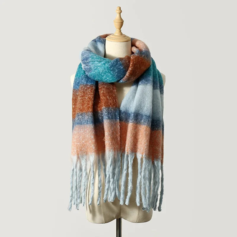 New Fashionable Trend Winter Plaid Scarf Women Luxury Brand Imitation Cashmere Thickened Warm Tassel Rainbow Color Shawl