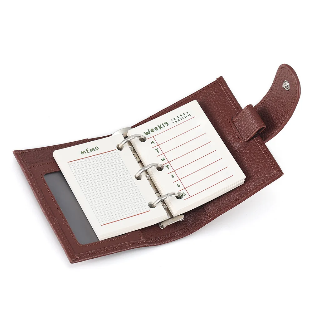 

2026 mini Ring Planner full grain leather Notebook pebble pattern reddish brown color Binder Diary Supplies Stationery agenda