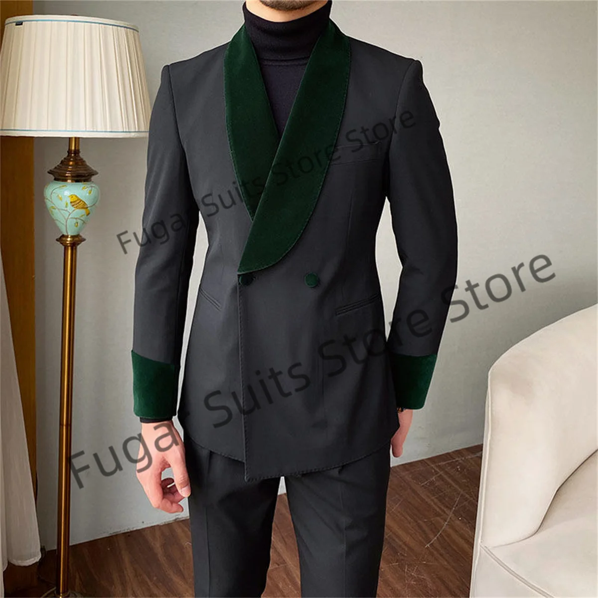 Black Double-breasted Classic Men Suits Slim Fit Velvet Shawl Lapel Groom Wedding Tuxedos 2 PCS Sets Traf Official Store Hombre