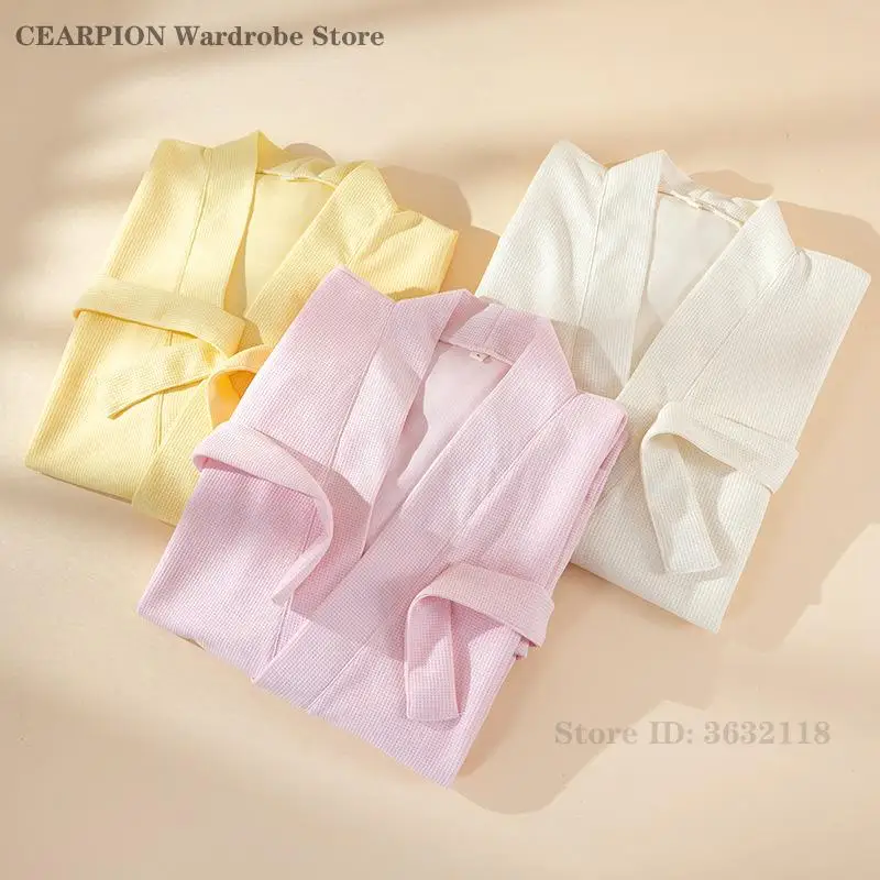 Spring Autumn New Robe Solid Color Couple Bathrobe Kimono Gown Waffle Casual Sleepwear Loose Nightgown Home Clothes Loungewear 6