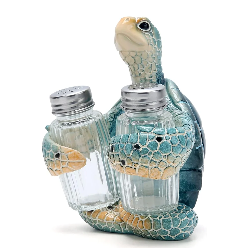 Hodao Resin Sea Turtle Salt and Pepper Shaker Holder Figurine, Coastal Kitchen Countertop Decor with Glass Shaker Bottles & Metal Lids, Nautical Beach House Dining Table Centerpiece, Ocean Theme Collectible Figure Decoration, Unique Housewarming Gift