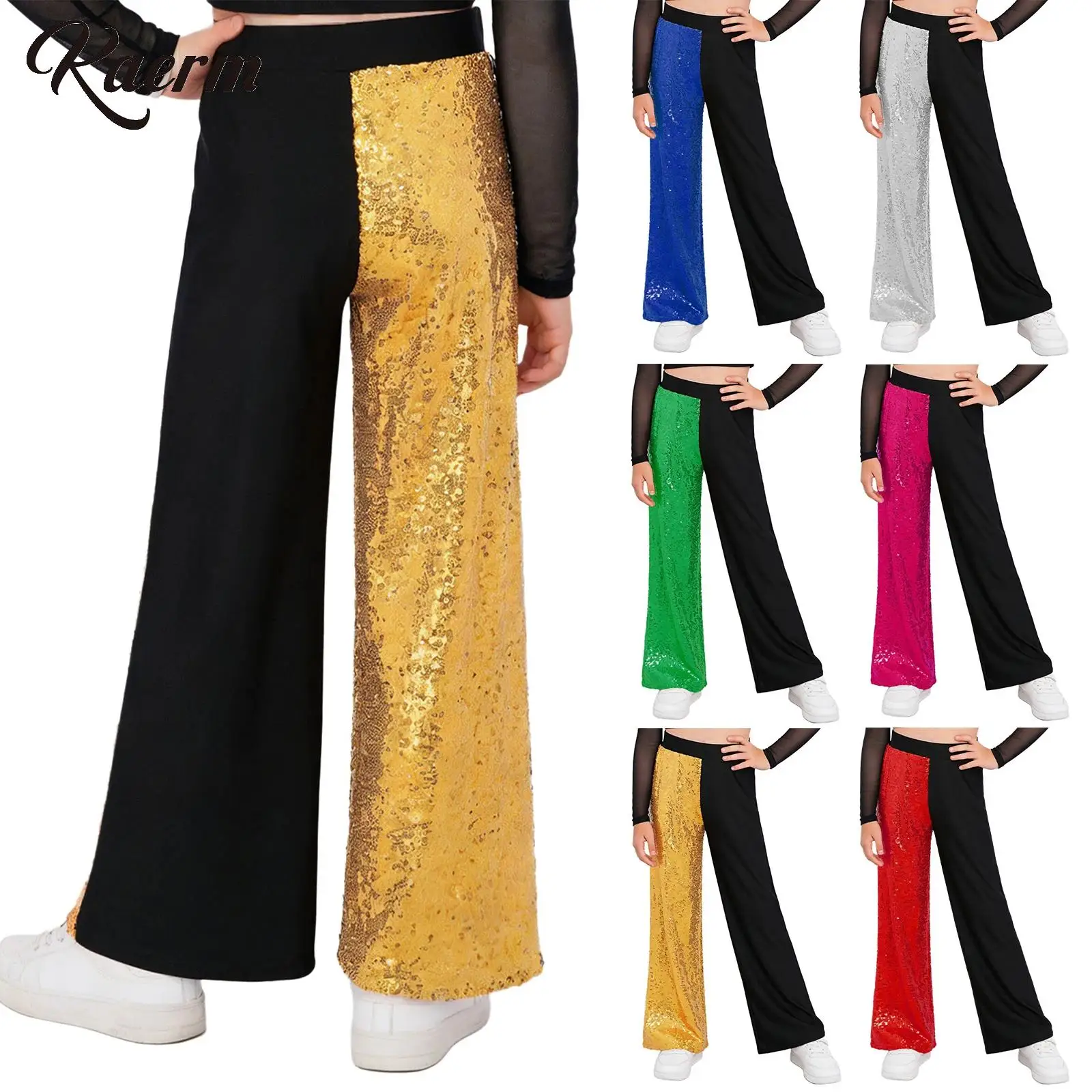 

Kids Girls Sparkly Sequin Jazz Dance Pants Elastic Waist Color Block Trousers for Ballet Lyrical Hip Hop Dance Party Performance