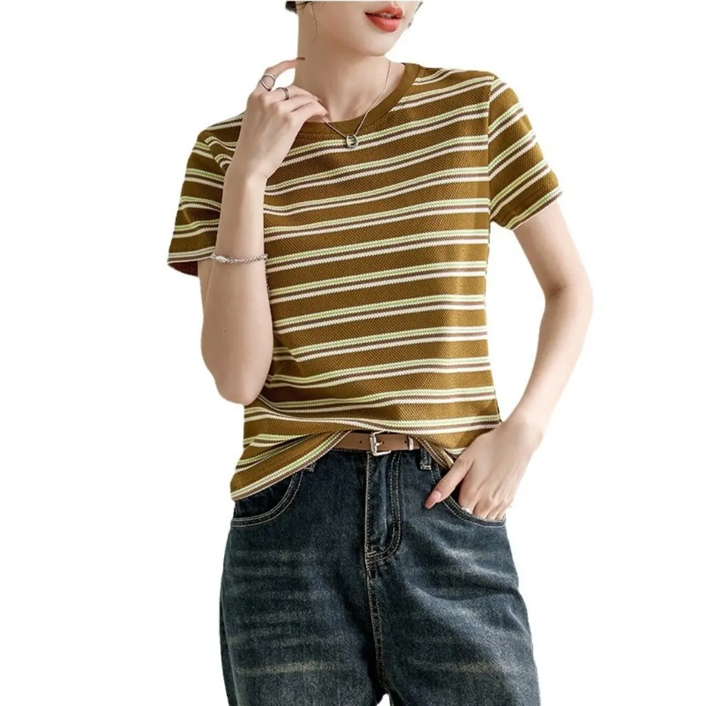 

Корейская женская текстурированная футболка с круглым вырезом и короткими рукавами, тонкий полосатый пуловер, топ для весны/лета, модный тренд