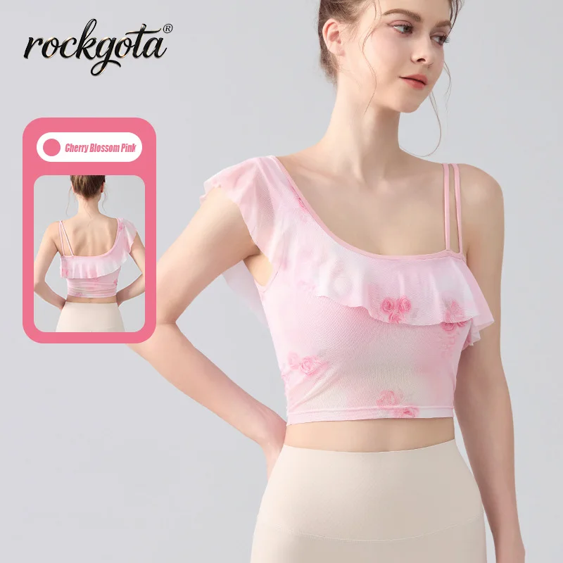 rockgota-asymmetrical-one-shoulder-sports-bra-ruffle-trim-mesh-quick-dry-padded-workout-top