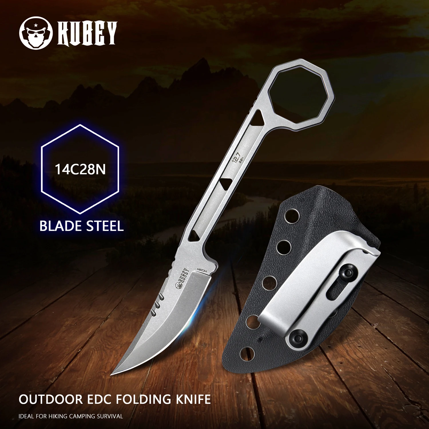 Kubey KU362 Fixed Blade Outdoor Knife Trailing Poin 14C28N Blade with Kydex Skeletonized Handle for Camping Hunting and Survival