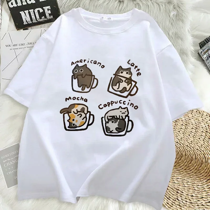 Street Cat Coffee Trendy Loose T-shirt Women Original Mocha Latte Cat Three Flowers Fun Cat Short Sleeved T Shirt Clothes Top