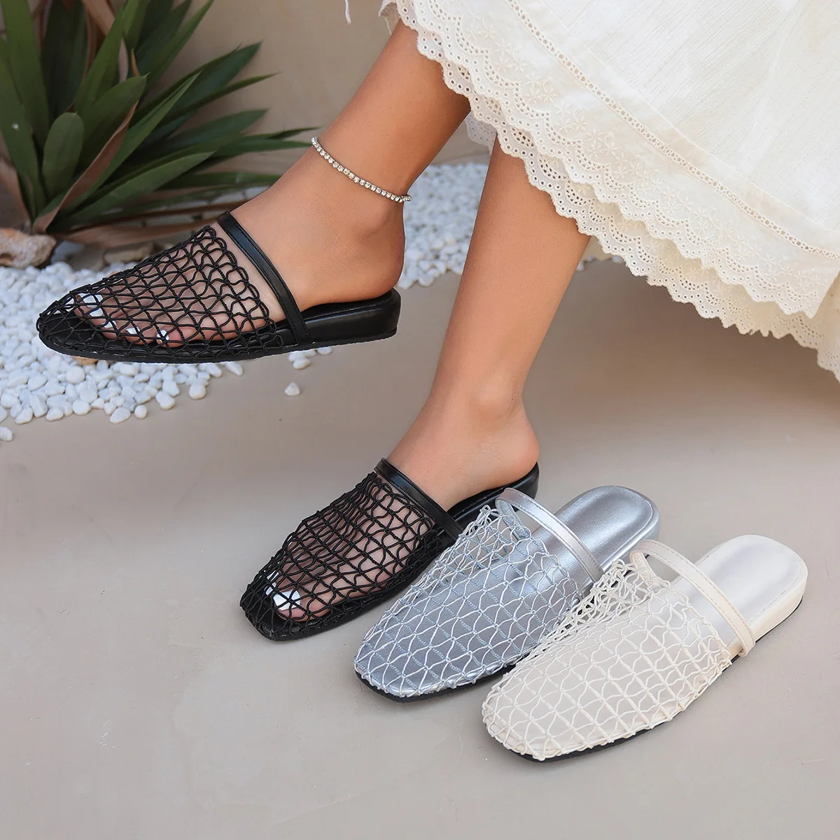 

Women's Mesh Slippers,Square Toe Flat Shoes,Comfortable Casual Slippers,Casual Lightweight Breathable Slides zapatos de mujer