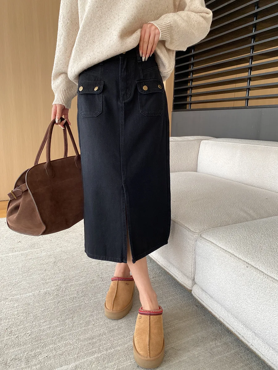 Spring and Autumn Women's Casual Solid Color High Waist Pocket Decorative Denim Skirt