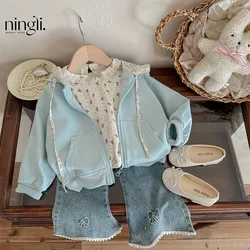 Korean Autumn Kids Girls 3PCS Clothes Set Cotton Bear Printed Lace Tops Zipper Hooded Coat Flared Jeans Suit Toddler Girl Outfit