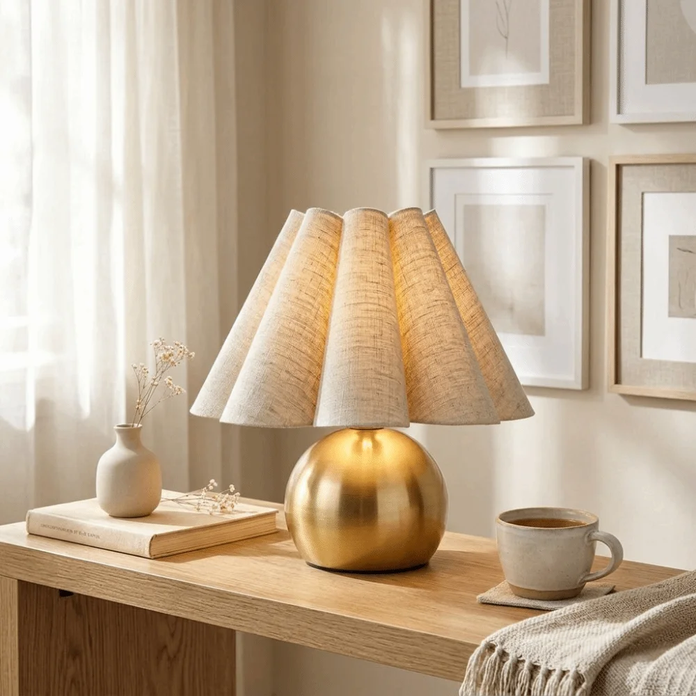 Rechargeable Bedside Lamp Brass Gold Walnut Wood Grain Night Light Linen Petal Shade Pleated Shade Ambient Night Light