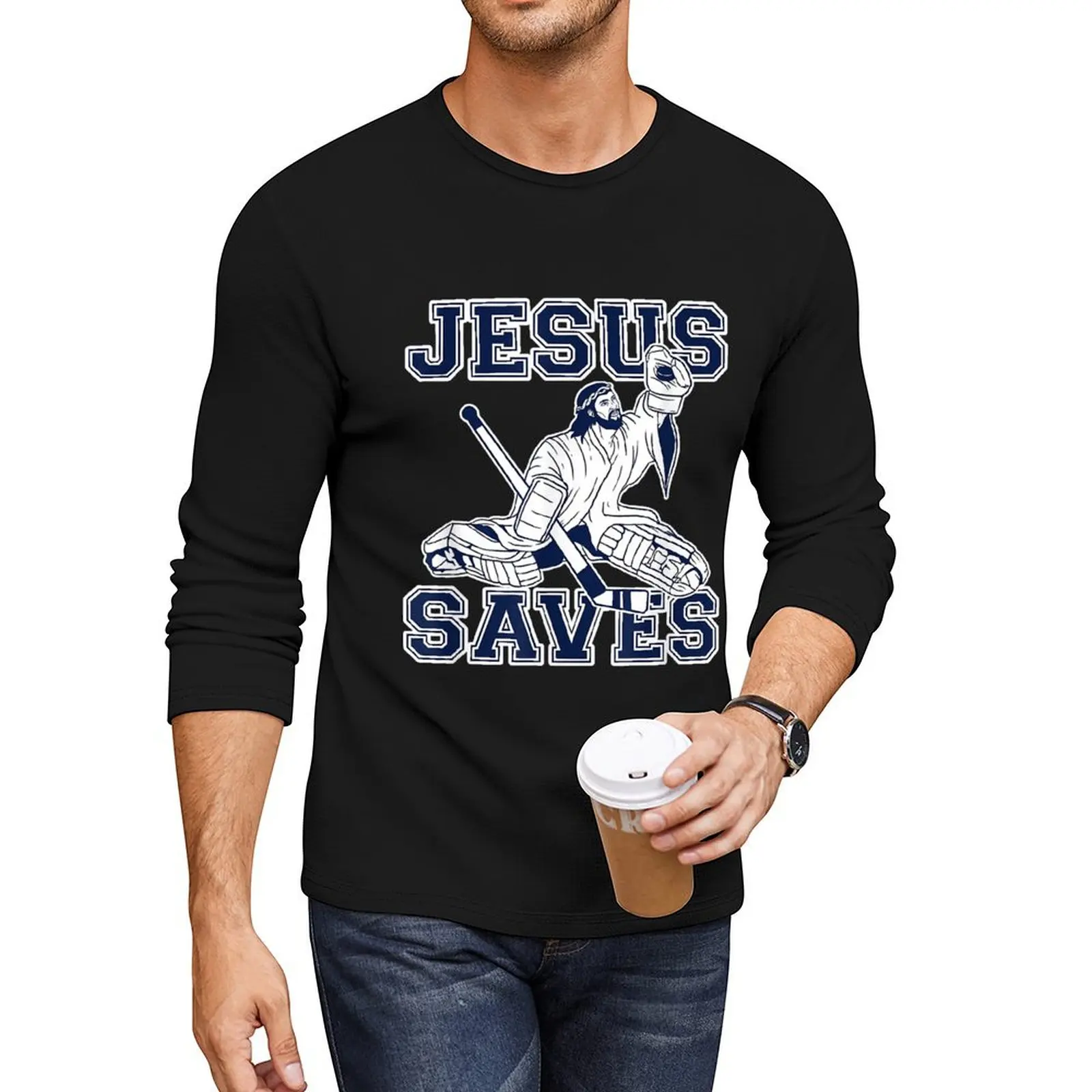 Funny Hockey Shir - Jesus Saves Shir - Goalie Shir Long T-Shirt quick drying shirt Tee shirt clothes for men