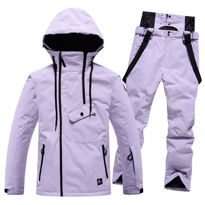 STLF Solid Color Hooded Ski Suit for Men Women Windproof Waterproof Warm Breathable Snowboard Jacket Pants