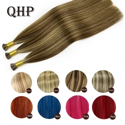 QHP Hair Straight Machine Made Remy Hair Extensions 50pcs/ Set Straight Keratin I Tip Human Hair Extension Ombre Color  Pink Red