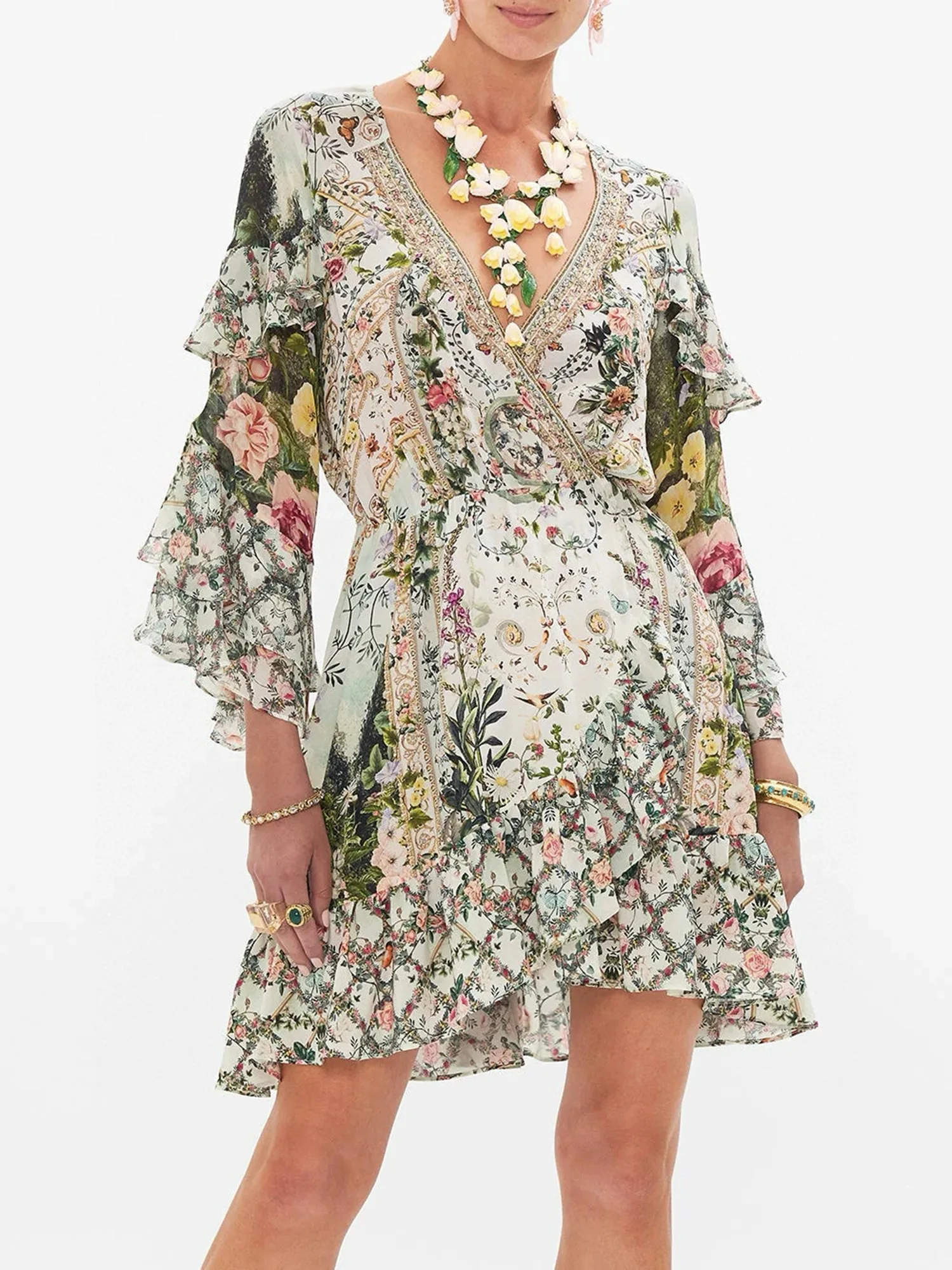 

Women's V-Neck Dress Floral Printed Backless Flare Sleeve Elegant 100% Silk Mini Robe