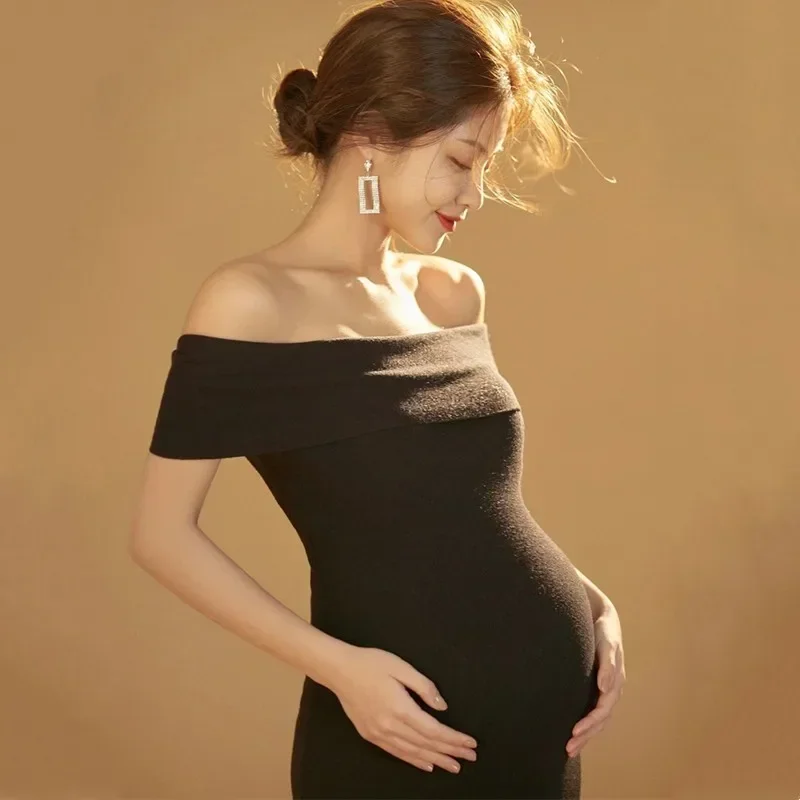 

Black Sexy Maternity Dresses Photography Props Knitted Pregnancy Clothes Photo Shoot For Pregnant Women Baby Shower Party Dress