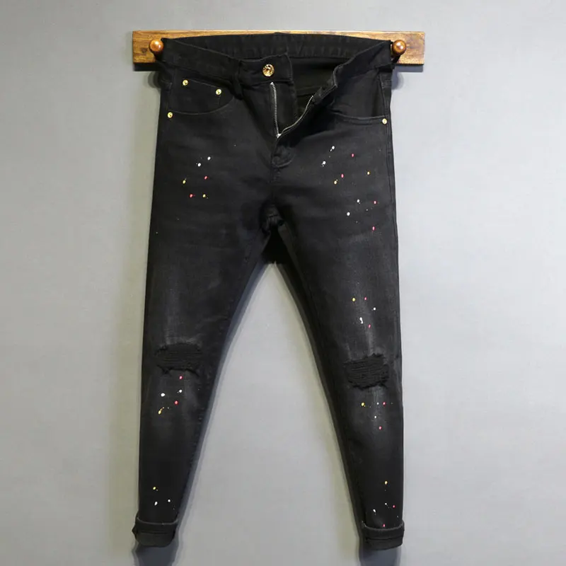 Jean Déchiré Noir pour Homme, Pantalon Crayon en Denim, de Style Hip Hop, Peint, à la Mode