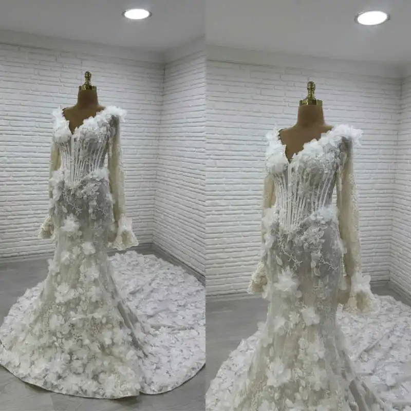 Romantic Bridal Gown Deep V Neck Corset Bodice Handmade Flower Sweep Train Dress For Outdoor Wedding Customized
