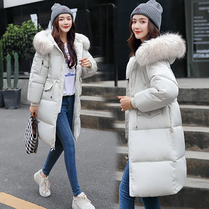 Winter Women Clothing Puffer Jacket Parkas Mid-length Cotton-padded Jacket Warm Thick Hooded Fur Collar Cold Coat Chic Outerwear