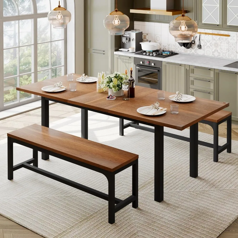 Dining Table Set for 4-6, Extendable Dining Room Table with 2 Benches, Small Space,63 x 28 x 30 inches,3 Pcs Kitchen Table