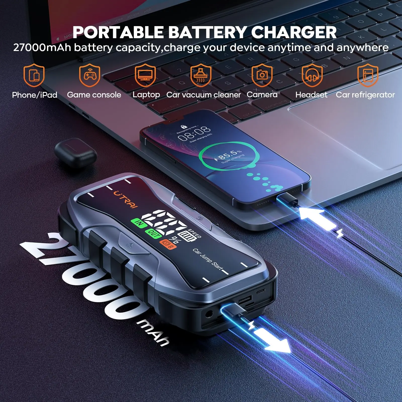 UTRAI 27000mAh Car Jump Starter Power Bank 6000A Car Booster Auto Awaryjne urządzenie rozruchowe Jump Start dla benzyny Diesel — zdjęcie 6