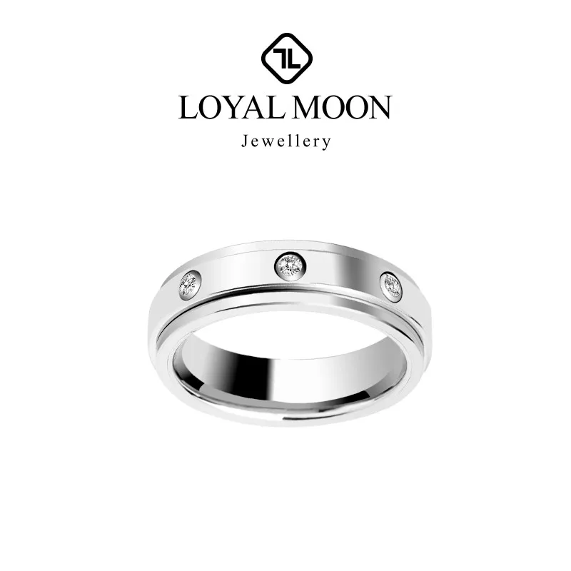 Loyal Moon Tungsten Rings For Men Women Inlaid Three Moissanite Rotatable Romantic Marriage Ring,Customized Lettering