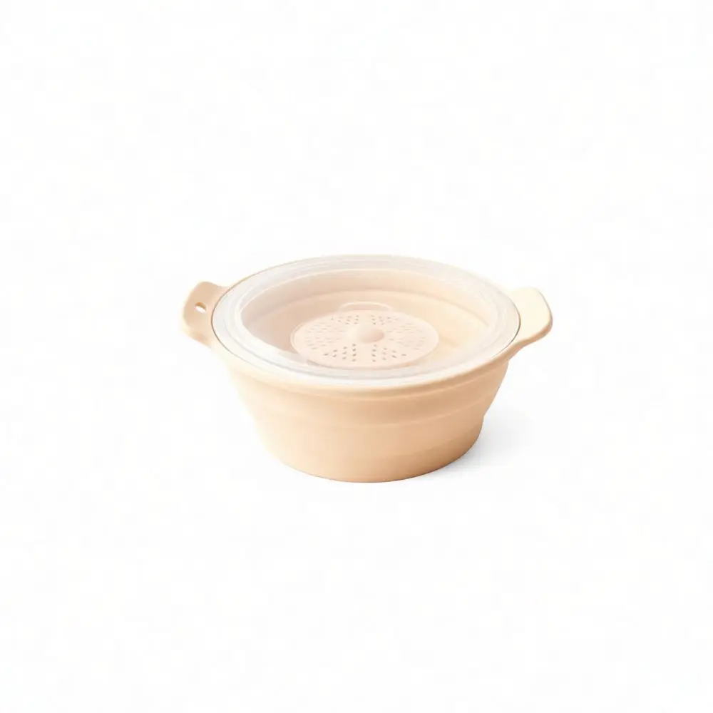 Silicone Steamer Bowl Collapsible Soup Cooker Food Grade Kitchen Tool With Lid Microwave Oven Air Fryer Safe Camping Pot