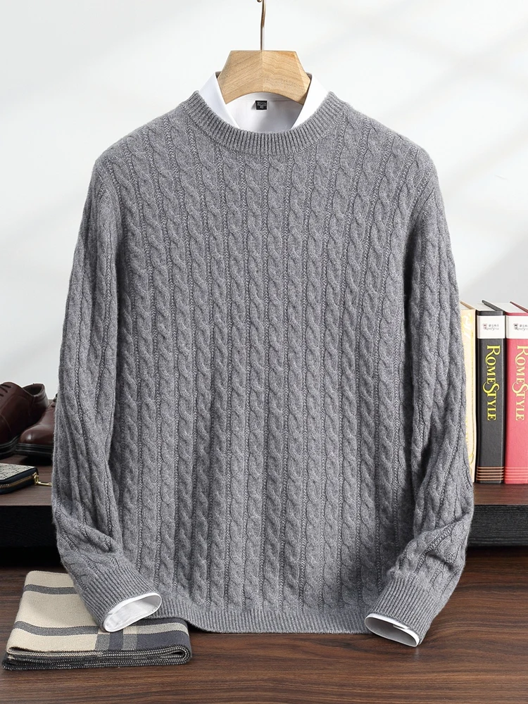 TLOML New Men's 100% Cashmere Sweater O-neck Cable Knit Pullover Autumn Winter Soft Warm Cashmere Knitwear Smart Casual Tops
