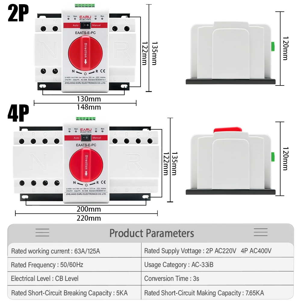 Imagem -02 - Interruptor de Transferência Automático do Poder Duplo Mcb Auto Manual Sal Comuta Interruptor 2p 4p 63a 125a Ats Picovolt C.a. 230v 400v 50 60hz tipo o