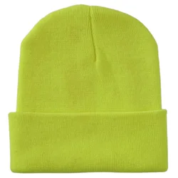 Plain Knit Skull Hats Men Women Cuffed Beanie Cap Stretchy Lightweight Acrylic Yarns Neon Yellow Neon Green Orange Brown Black