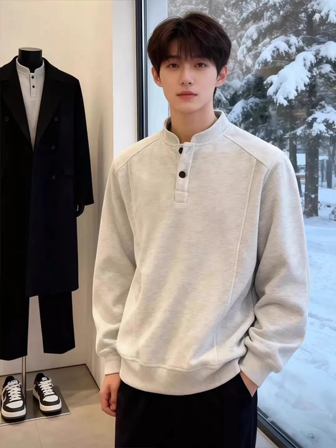 

Мужская толстовка с капюшоном Thiened Fce, длинный рукав, воротник-стойка, плотный свитшот, теплый базовый слой, для осени и зимы