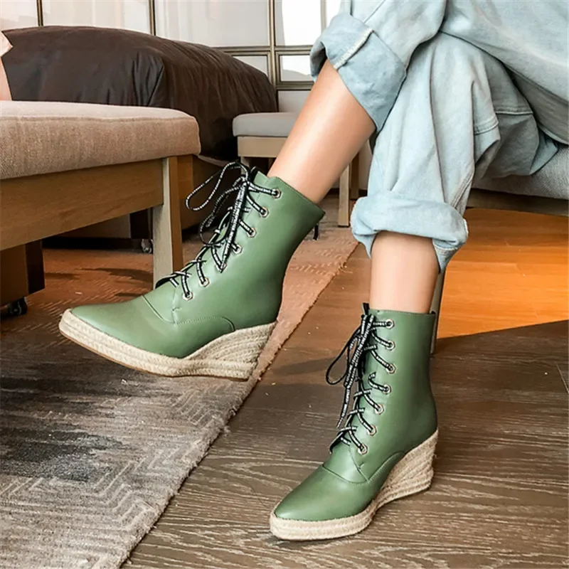 2024 Newest Women Ankle Boots Zip Pointed Toe Wedges Platform Boots Autumn Winter Fashion Party Wedding Shoes Woman