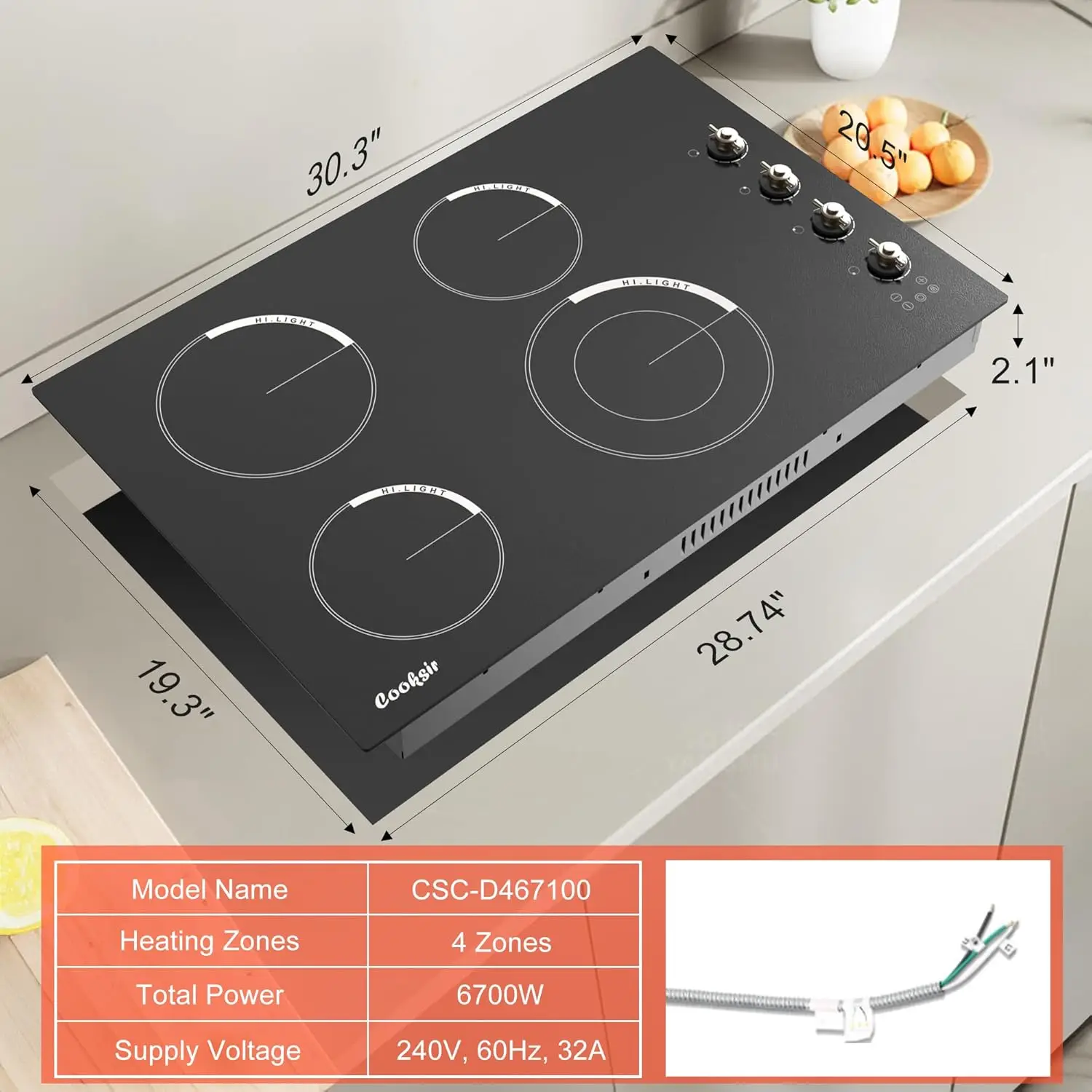 Cooktop - 4 Burner Built-in Glass Ceramic Stove Top 6700W, 240V Electric Cooktop Touch and Knob Control, Child Lock, Dual Ring,