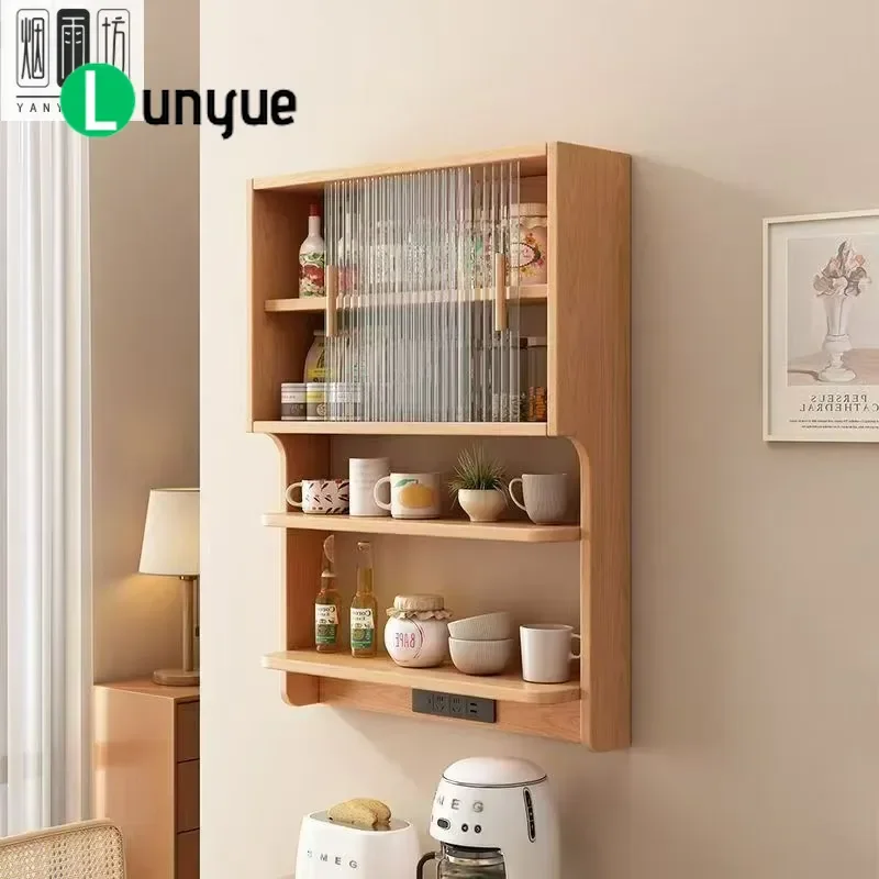 Nordic Style Solid Rubber Wood Wall Mounted Dining Side Cabinet Locker Restaurant Wall Rack Suspended Storage Furniture