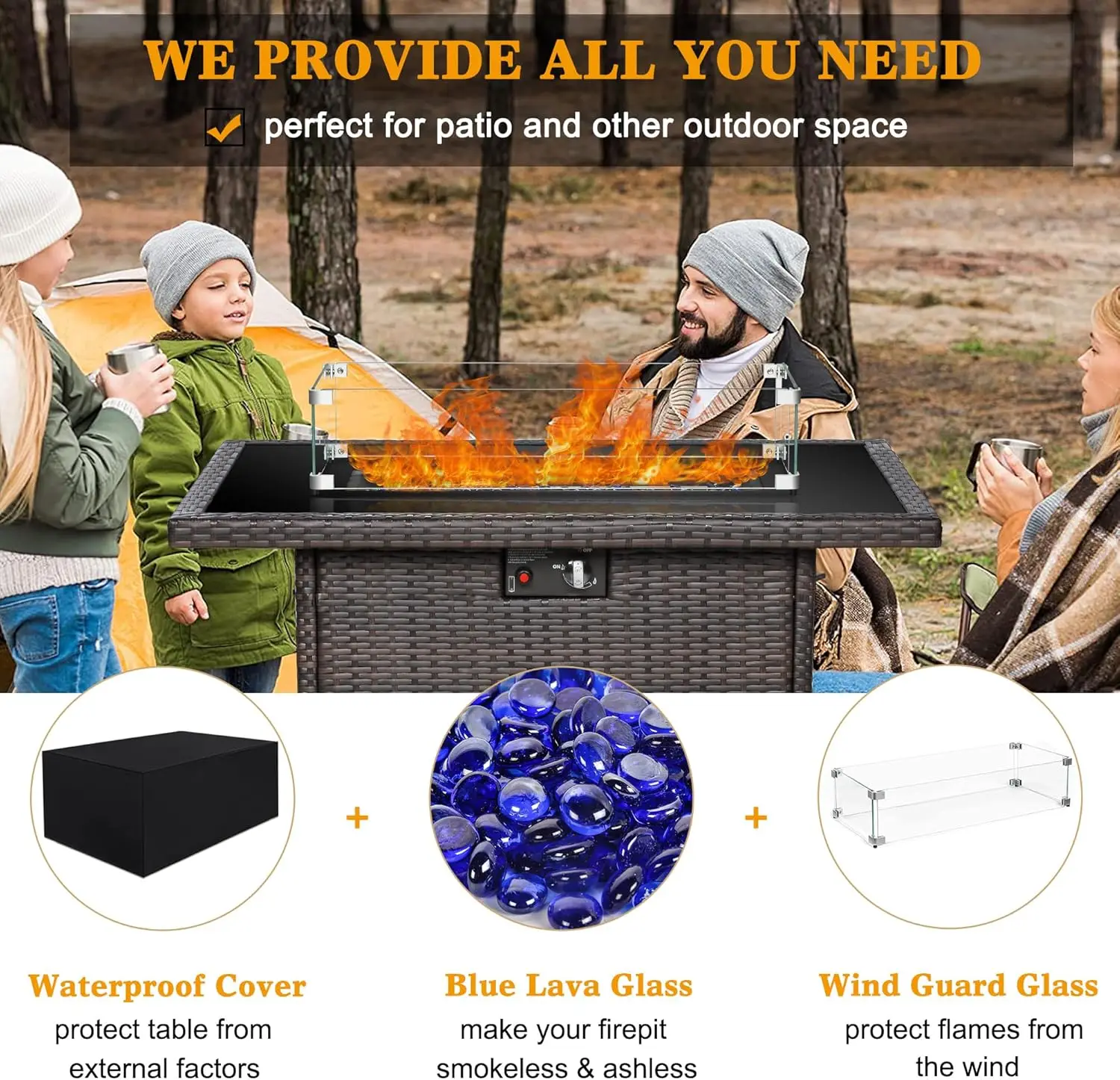 Outdoor Propane Gas Fire Pit Table, 55000 BTU, Rectangular with Glass Wind Guard for Patio, Deck, Garden, Backyard view 3