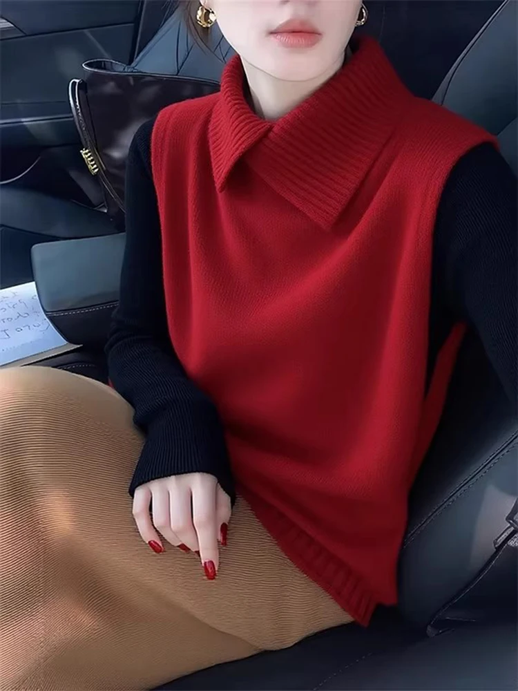 Casual Red Knitted Vest Women's Spring Autumn Fashionable Layered Wear Inner Match Sweater Shoulder Pad Winter Warmth