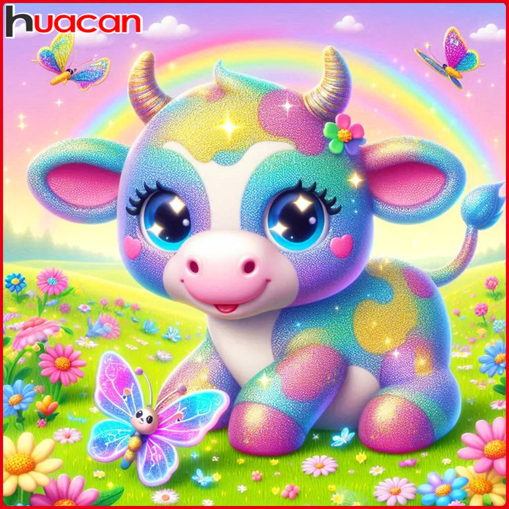 Huacan 5D DIY Cartoon Diamond Painting Cow Full Square Round Diamond Mosaic Animal Home Handmade Gift