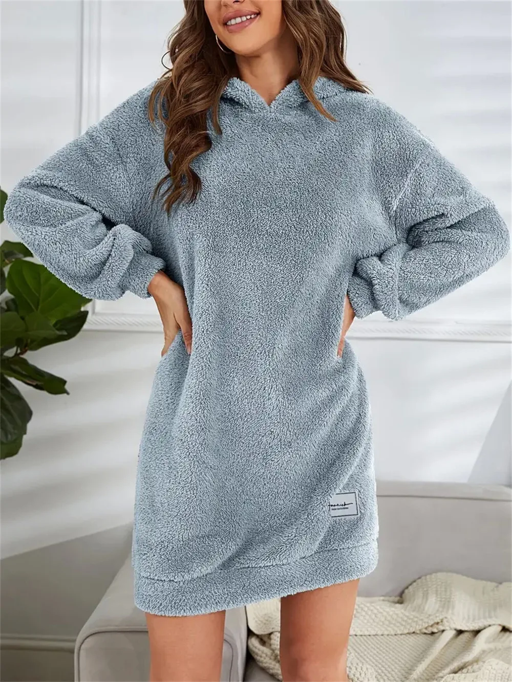 Casual Furry Hooded Long Sleeve Dresses Streetwear Warm Hoodies Dress For Women Autumn Winter Loose Fit Fleece Short Dresses