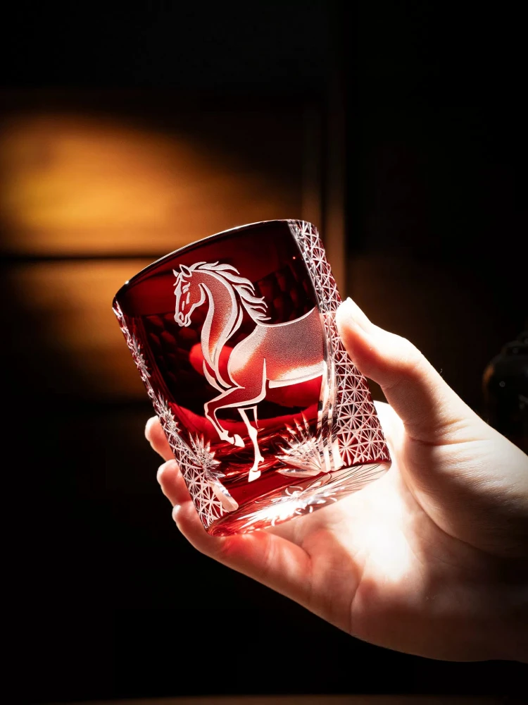 Edo Kiriko Art Glass Whiskey Tumbler Japanese Craftsmanship Wine Gifts Hand-Carved Year of the Golden Horse Crystal Whisky Cup