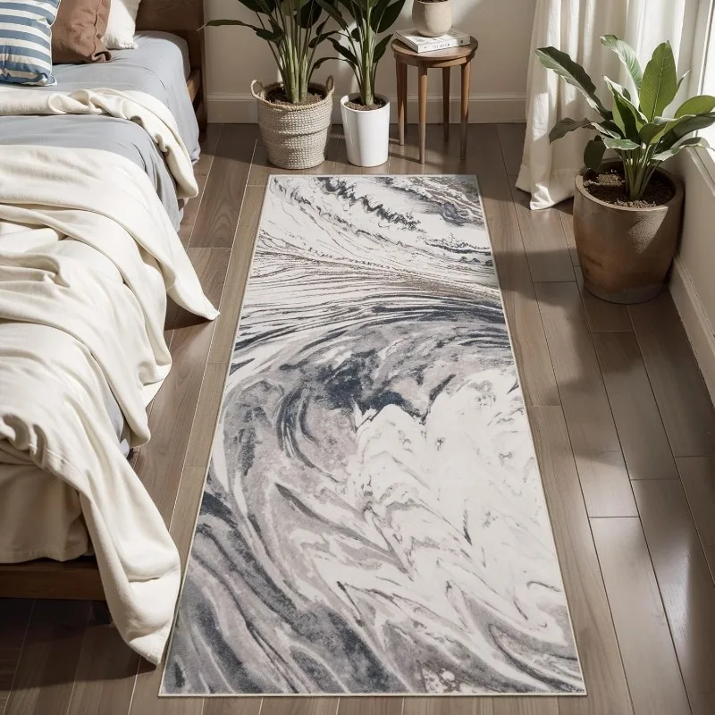 Ink Marble Runner Rug Absorbent Non-Slip Long Hallway Mat Scandinavian Style Abstract Pattern Floor Carpet for Living Room Decor