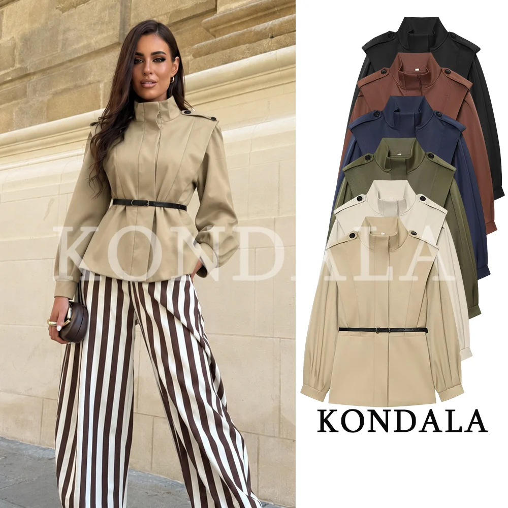 KONDALA Women Fall Commute Belt Short Trench Coat Casual Epaulettes Slim Stand-up Jackets 2026 Trendy Street Style Trench Jacket