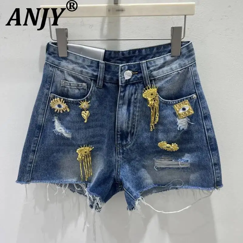 ANJY Spring Summer New Women Heavy Metal Decoration Ripped Fashion Niche Denim Shorts Stylish Washed Distressed Hot Pants A25226