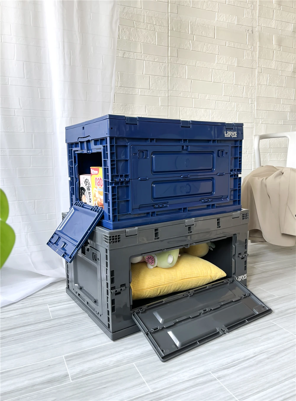 Cheap Price Dark Grey Color In Stock 80L Camping Home Storage Plastic Folding Storage Box Bin With Front Open