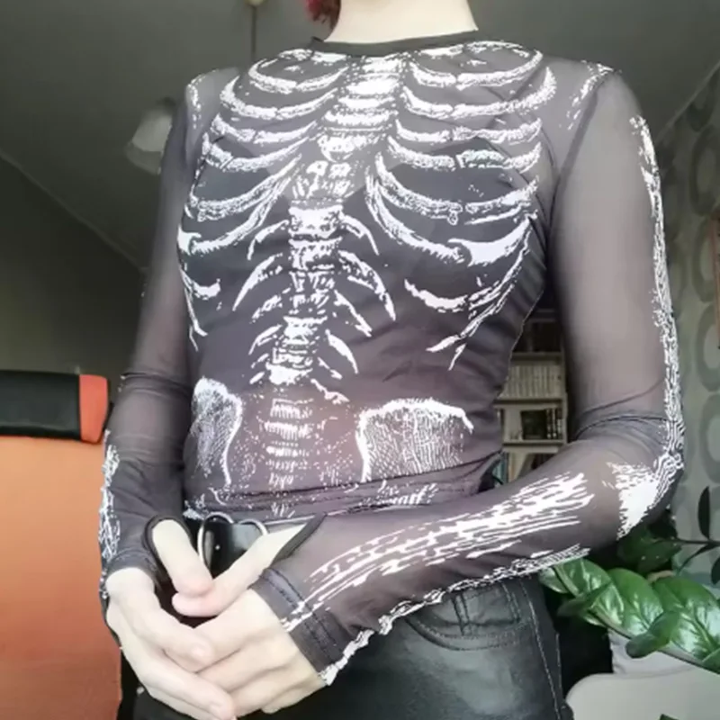 

Готическая панк-рубашка 2000-х годов, женская укороченная рубашка со скелетом, круглым вырезом и длинными рукавами, черная темная академическая одежда, футболки y2k, уличная одежда