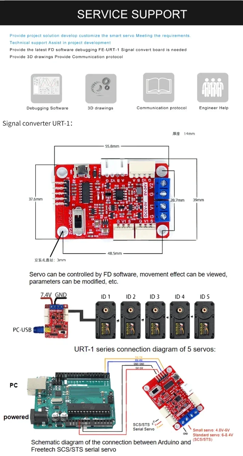 Servo STS3215 7,4 V 19 Kg – Encodeur Magnétique 12 Bits – Engrenage Métal Double Axe – 360° – Bus Série TTL – Pour Robot Arduino