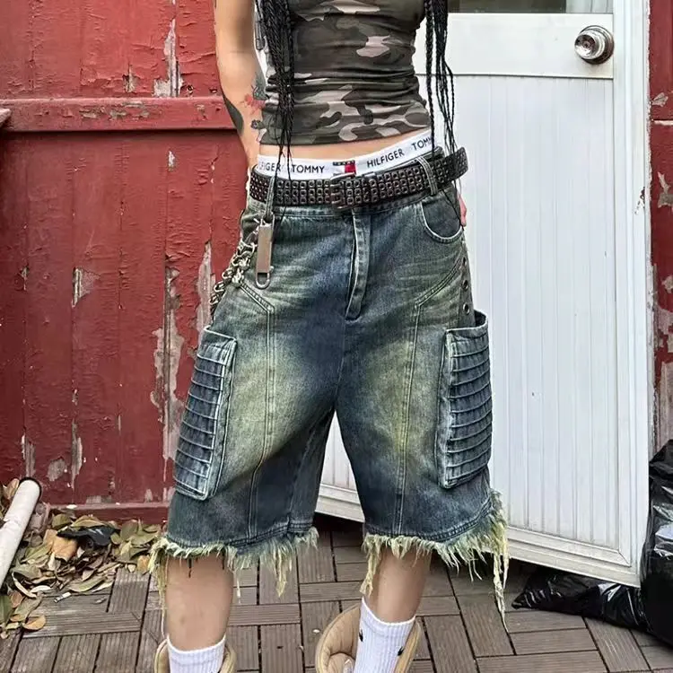 

Aesthetics Y2K Vintage Denim Shorts Women Summer High Waist Streetwear Wide Leg Jorts Casual Washed Baggy Jean Pants